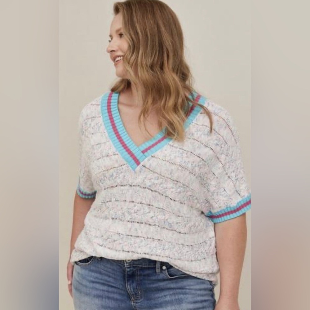 torrid White V-Neck Knit Sweater with Turquoise and Pink Trim